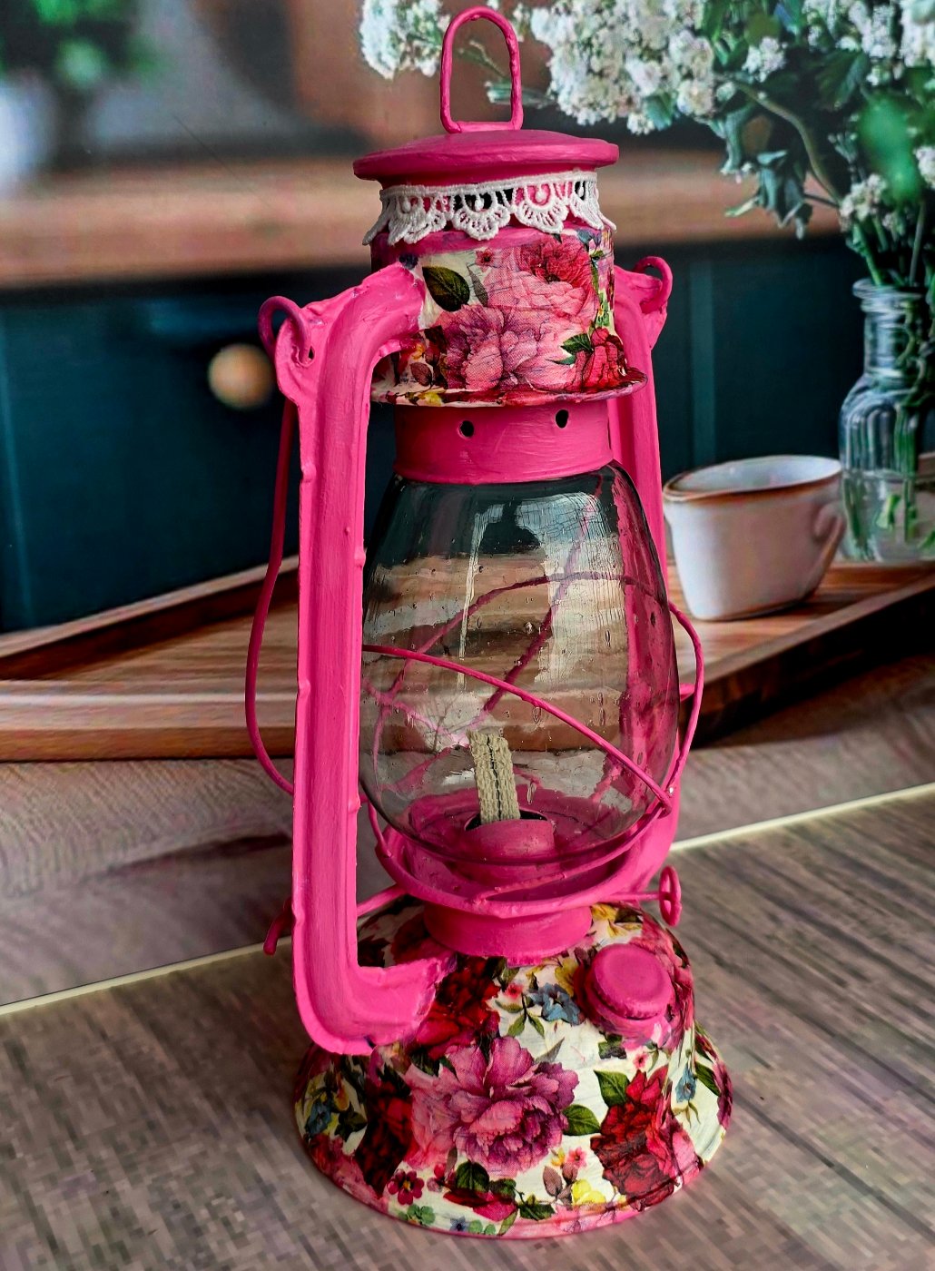 Deco-painted Pink Floral Lantern