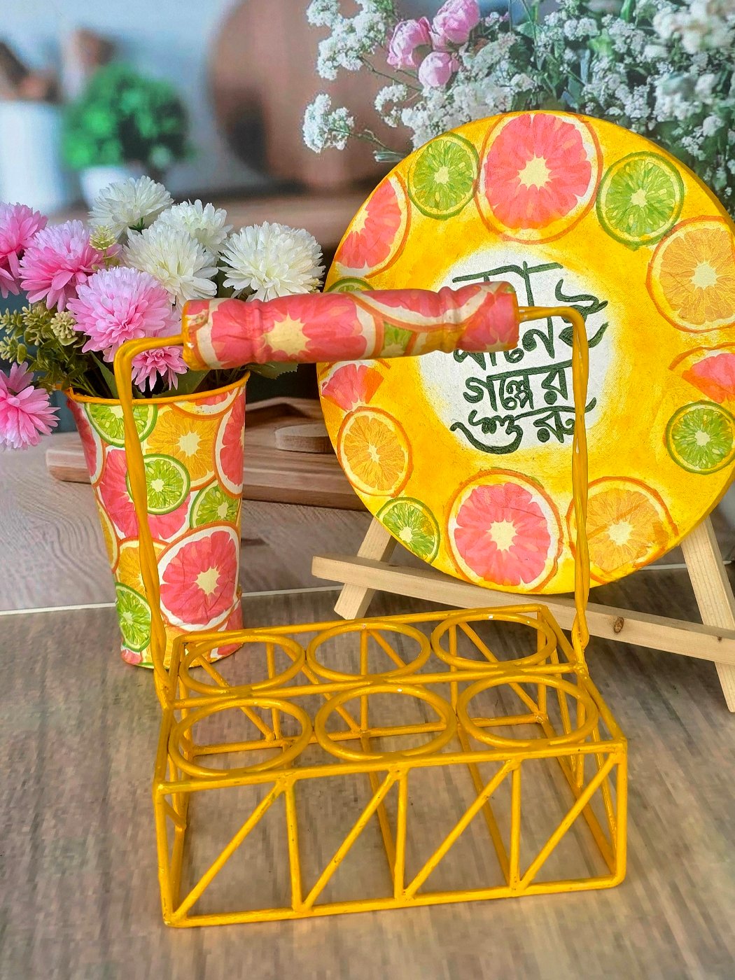 Hand-Painted Metal Tea Rack With Glass Set