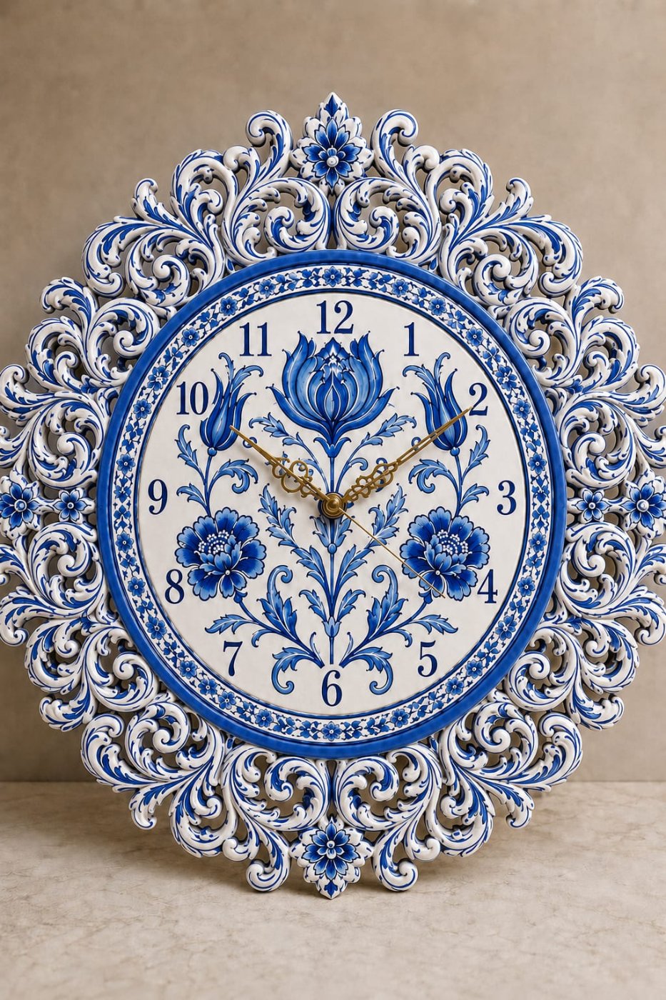 Blue Floral Handprint Wall Clock