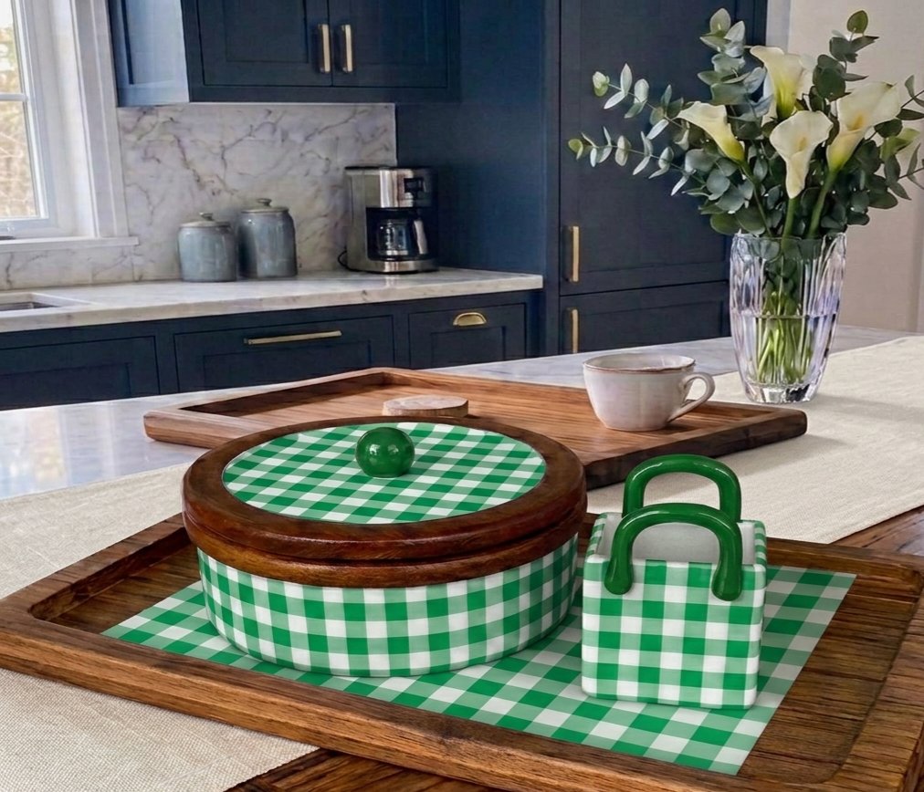 Green Checkered Wooden Serving Set