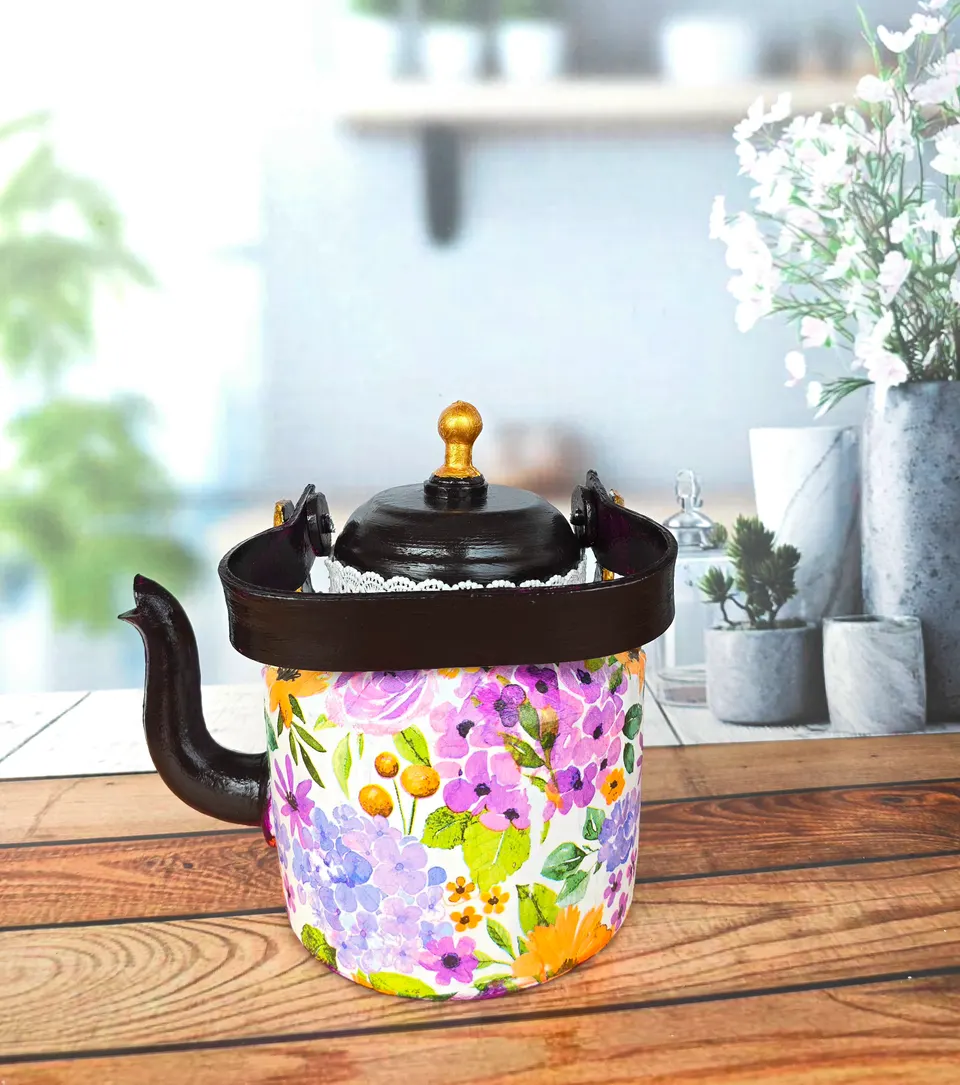 Floral Decoupage Hand-Painted Tea Kettle