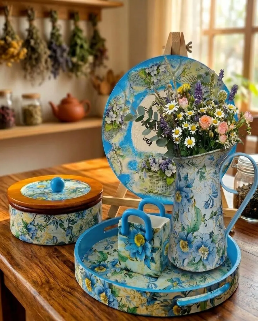 Vintage Blue Floral Kitchen Set
