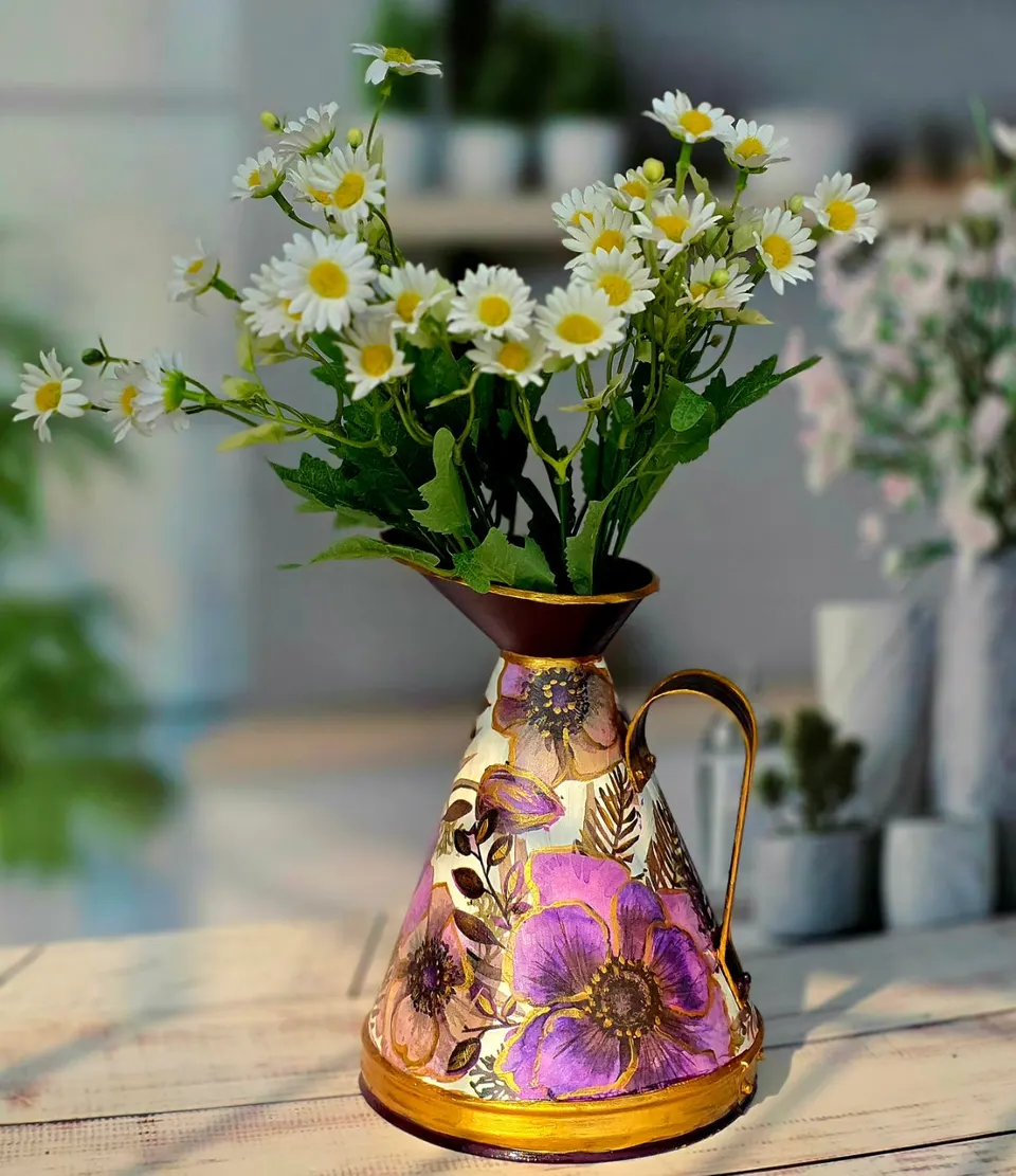 Floral Hand-Painted Metal Vase