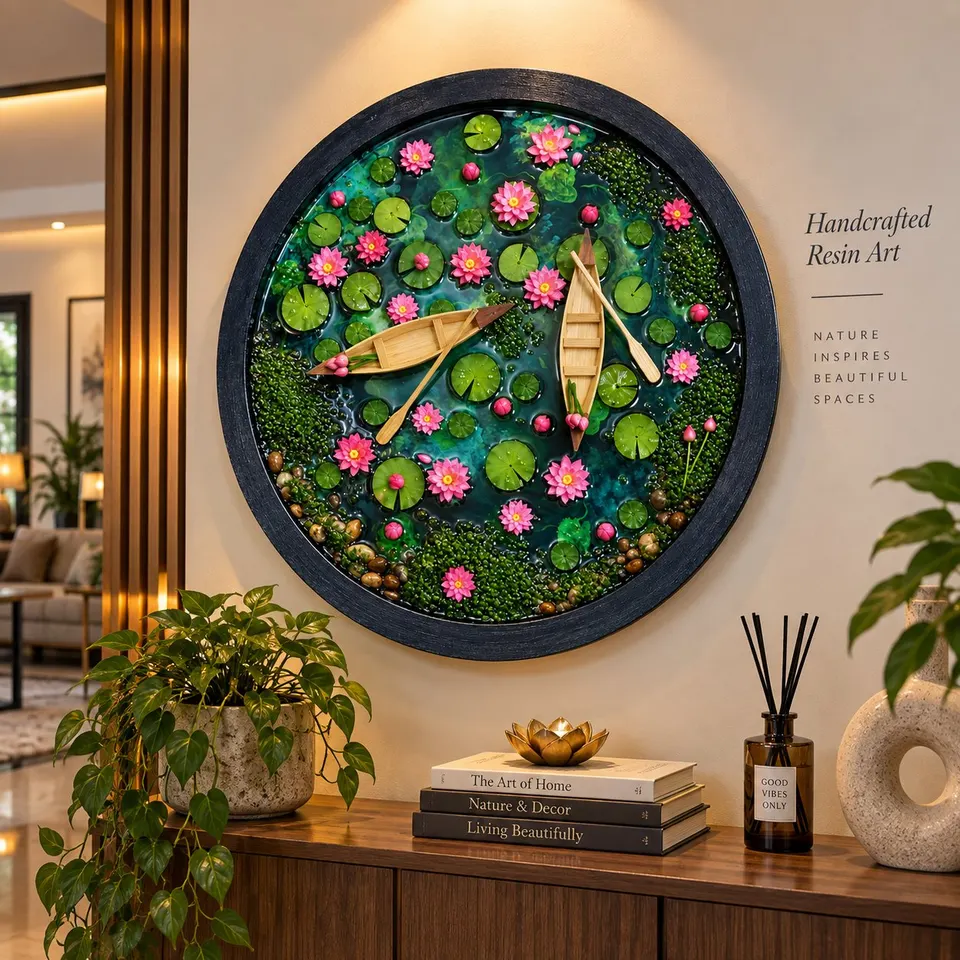 Handcrafted Lotus Pond Wall Art 16" Round