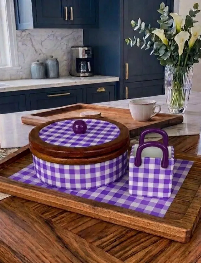 Wooden Gingham Ruti Box and Holder Set