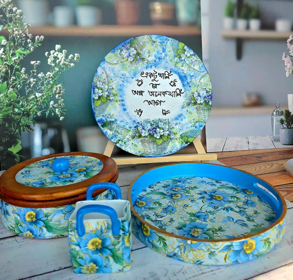 Blue Floral Wooden Tea Set