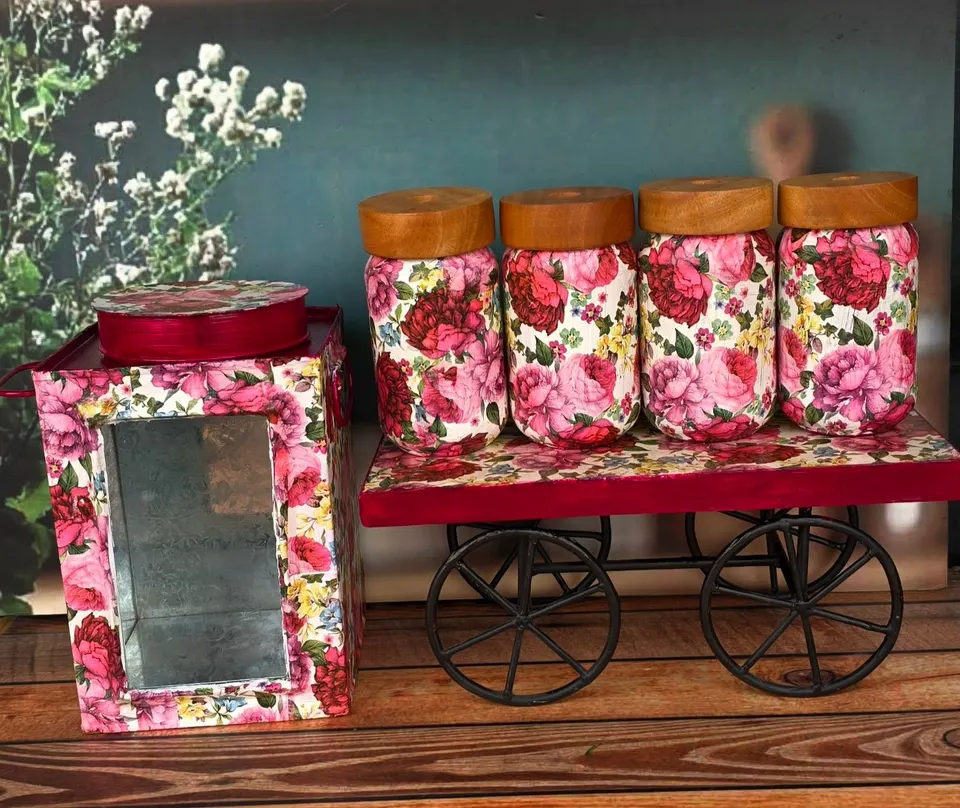 Floral Cart Spice Jar Set Combo