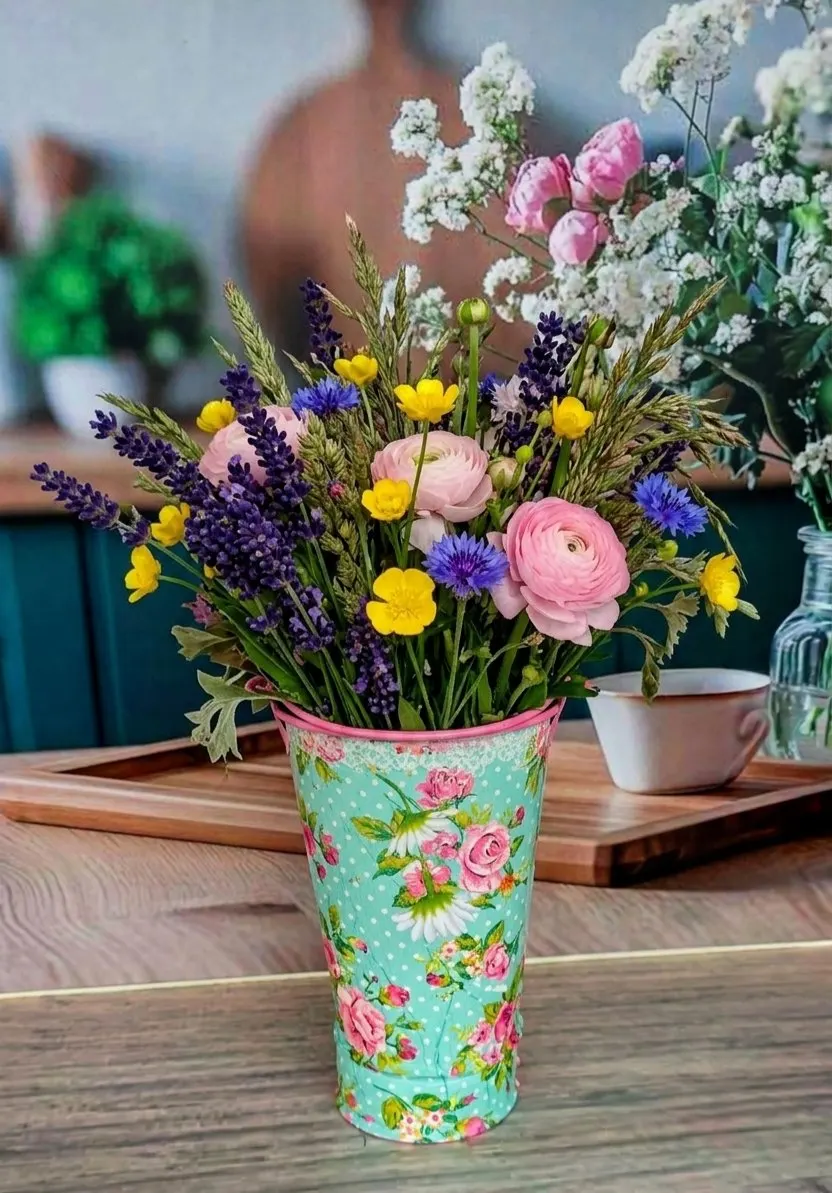 Floral Deco paint Decorated Metal Vase