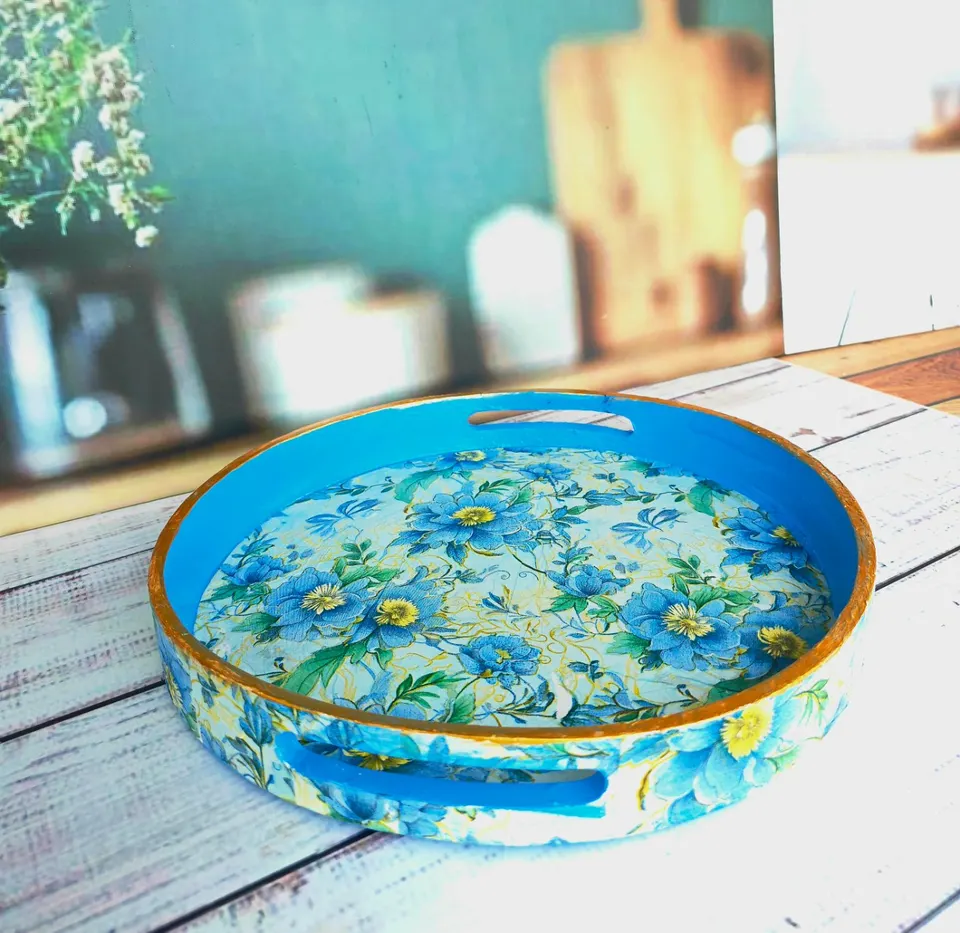 Floral Round Wooden Tray