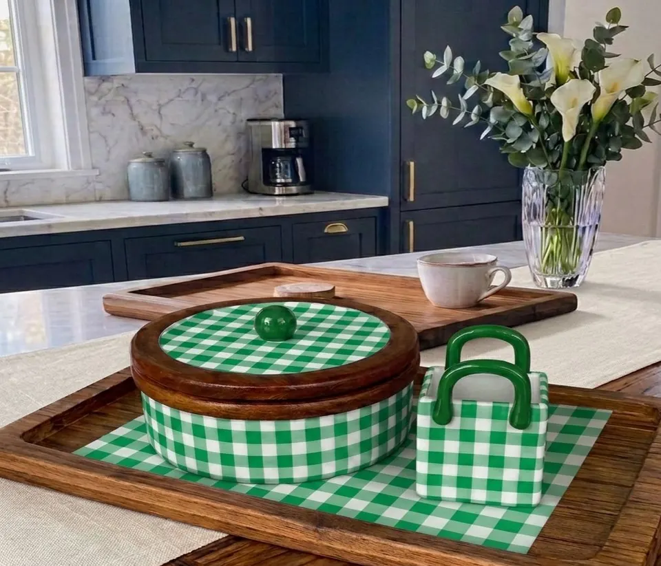 Green Checkered Wooden Serving Set