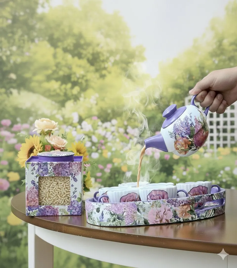 Purple Floral Tea Set & Murir tin Combo