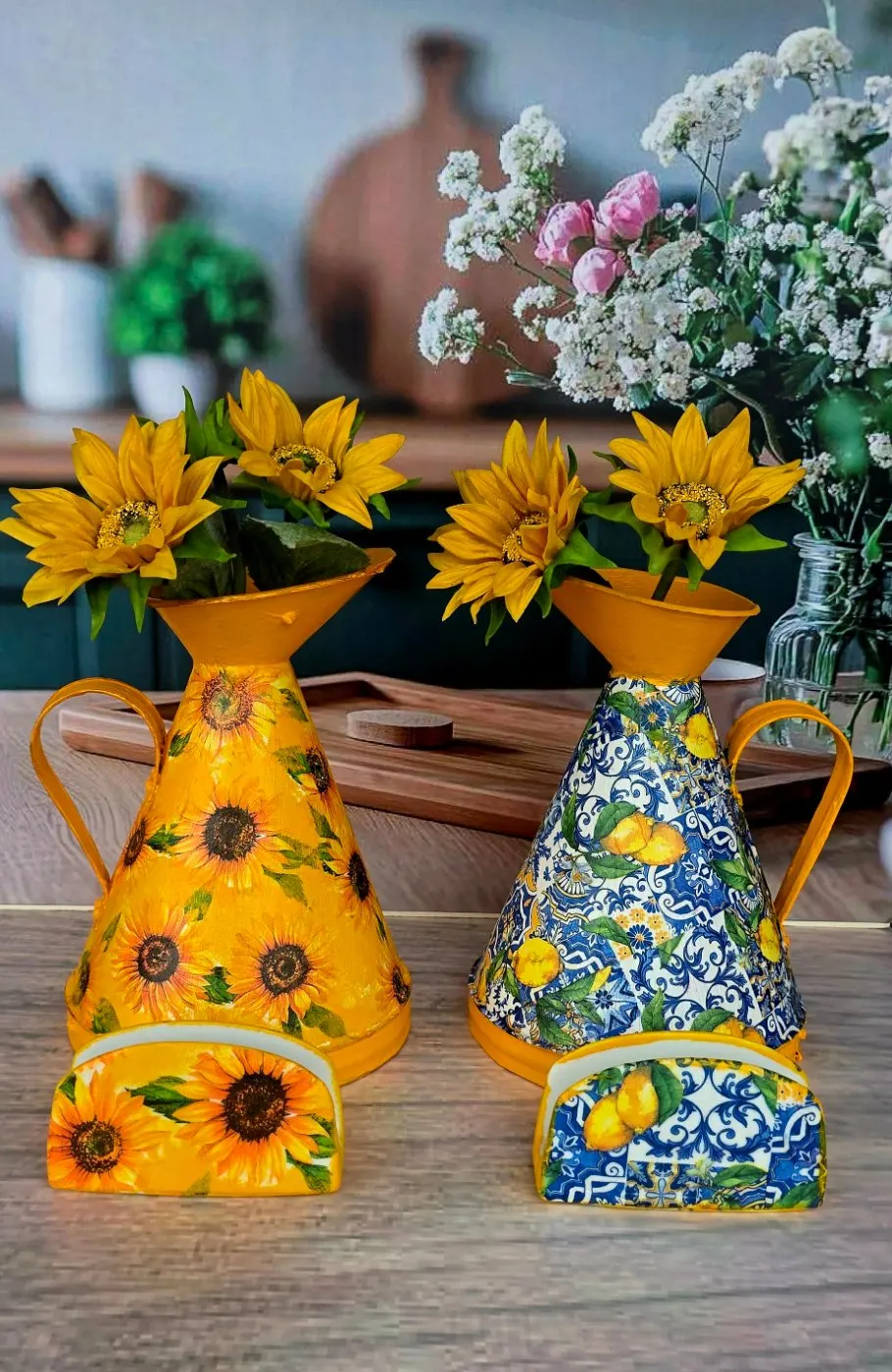 Deco-Painted Metal Pitcher Vases & Napkin Holder Combo
