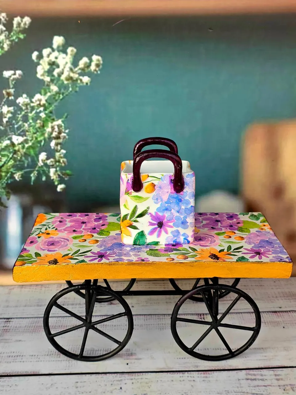 Floral Cutlery Holder Cart Set