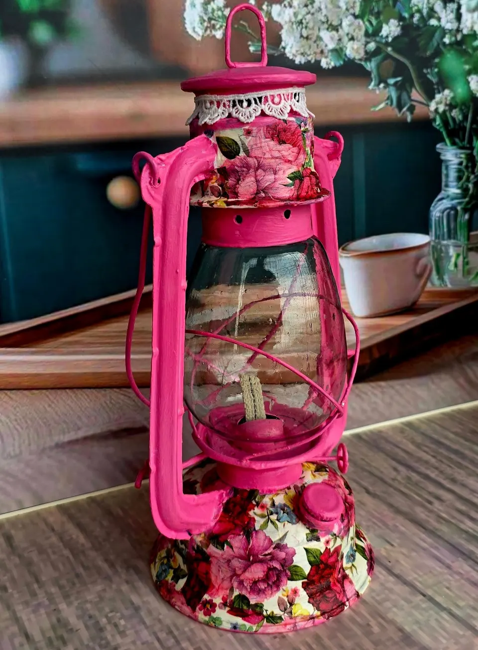 Deco-painted Pink Floral Lantern