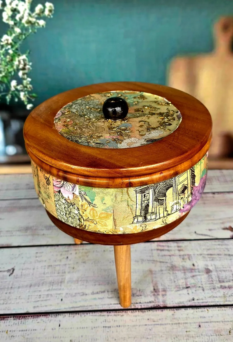Vintage Style Wooden Ruti Box With Resin Coate
