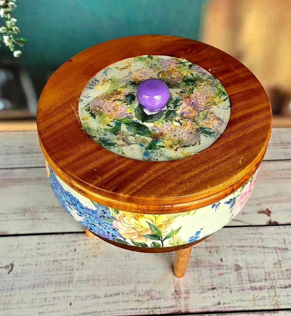 Decopainted Floral Wooden Ruti Box with Resin Coted