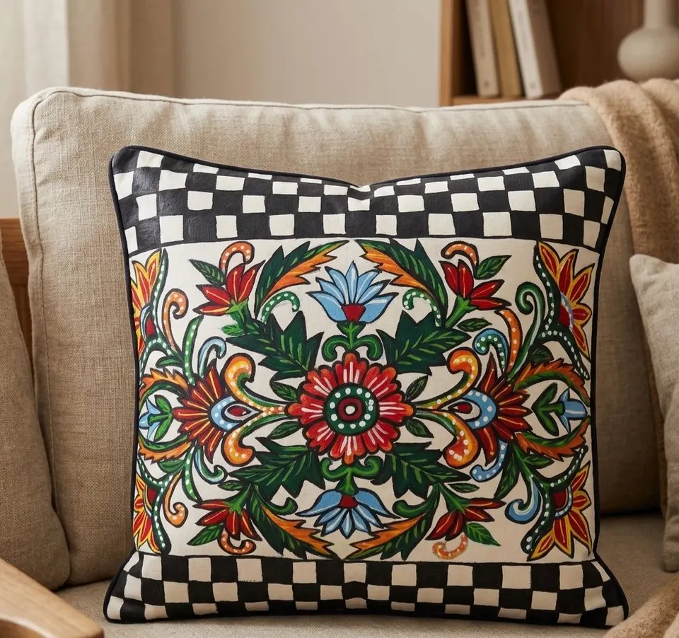Hand-painted Floral Cushion Cover 18/18 Size