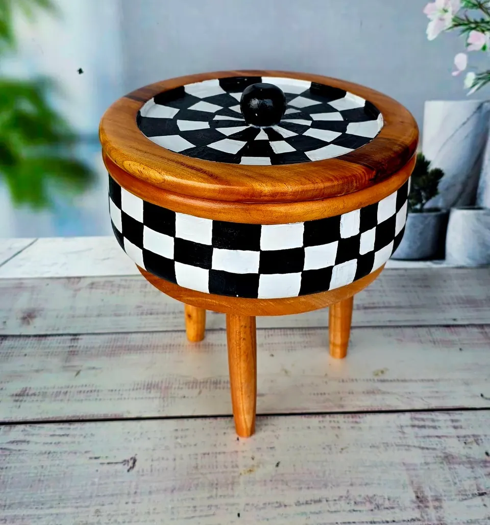 Hand-Painted Checkered Wooden Box