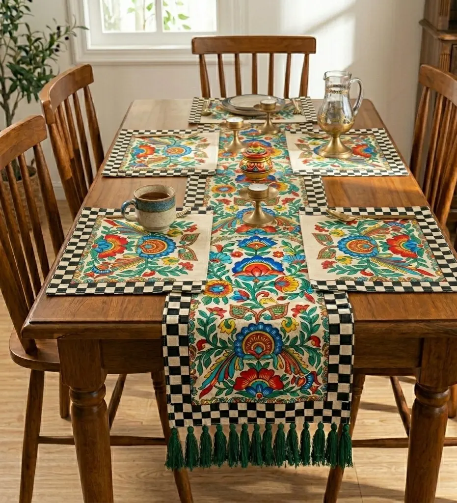 Floral Hand-Printed Table Runner Set